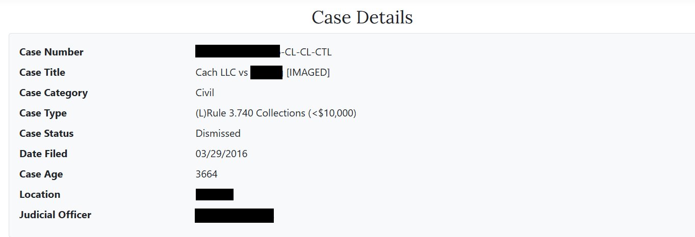 Court case details for Cach LLC showing Case Status: Dismissed, Case Category: Civil, Case Type: Collections under $10,000.