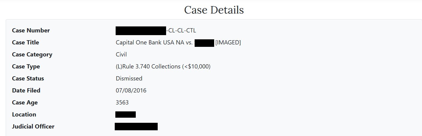 Court case details for Capital One Bank USA NA showing Case Status: Dismissed, Case Category: Civil, Case Type: Collections under $10,000.