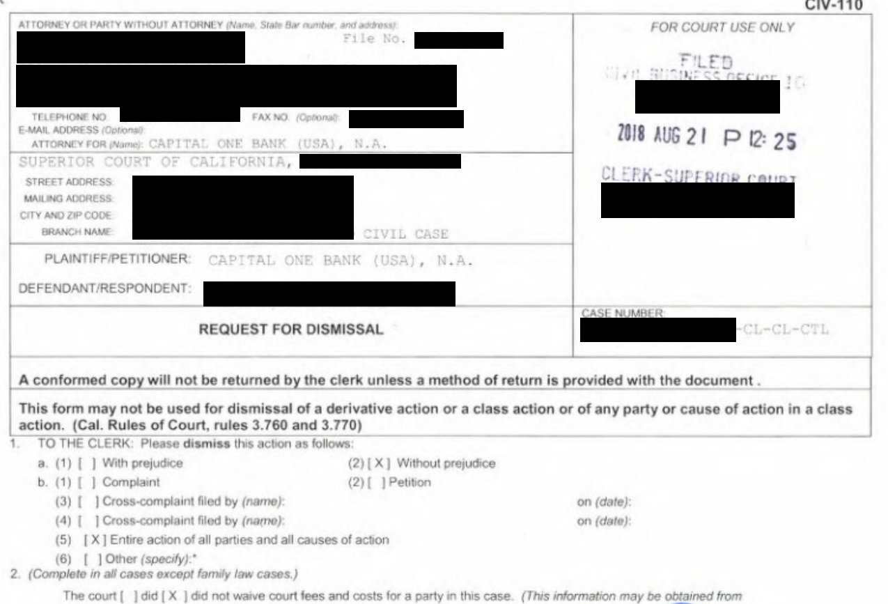 CIV-110 Request for Dismissal form filed by Capital One Bank (USA) N.A., court-stamped August 21, 2018, showing dismissal of entire action.