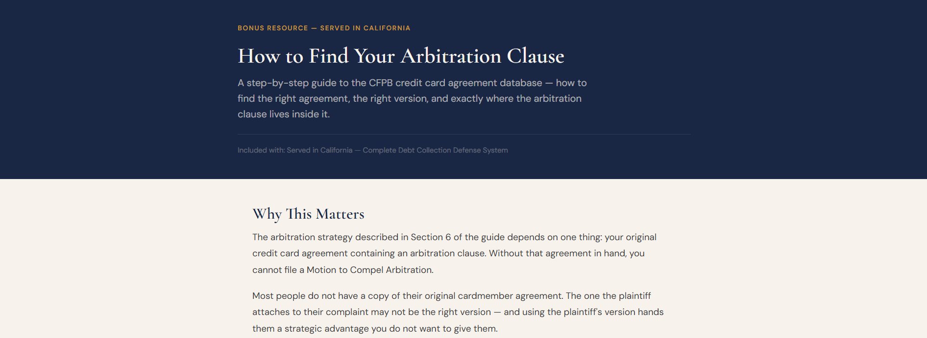 Preview of the CFPB Agreement Walkthrough bonus, showing the title 'How to Find Your Arbitration Clause' and the opening explanation of why this step matters.