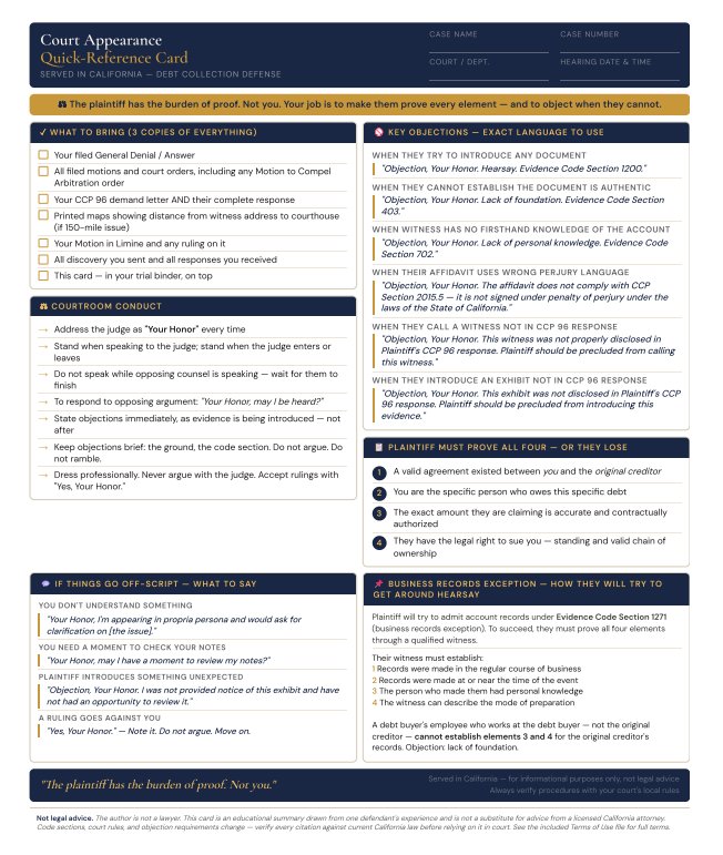 Preview of the Court Appearance Quick-Reference Card bonus, showing the title and section structure with the detailed objection language locked.