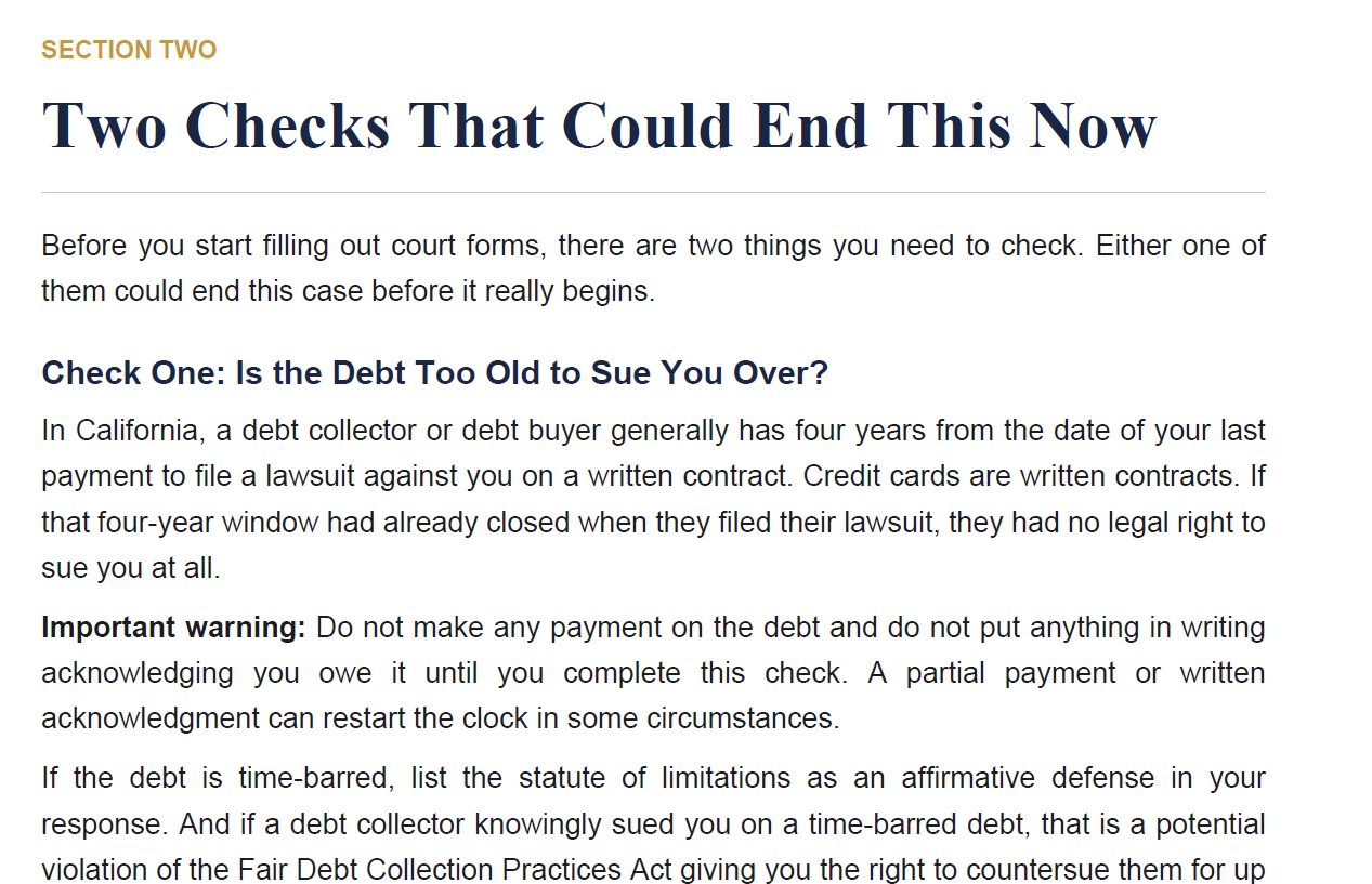 A page from the PDF guide titled 'Two Checks That Could End This Now,' explaining the statute of limitations check on a debt before filing court forms.