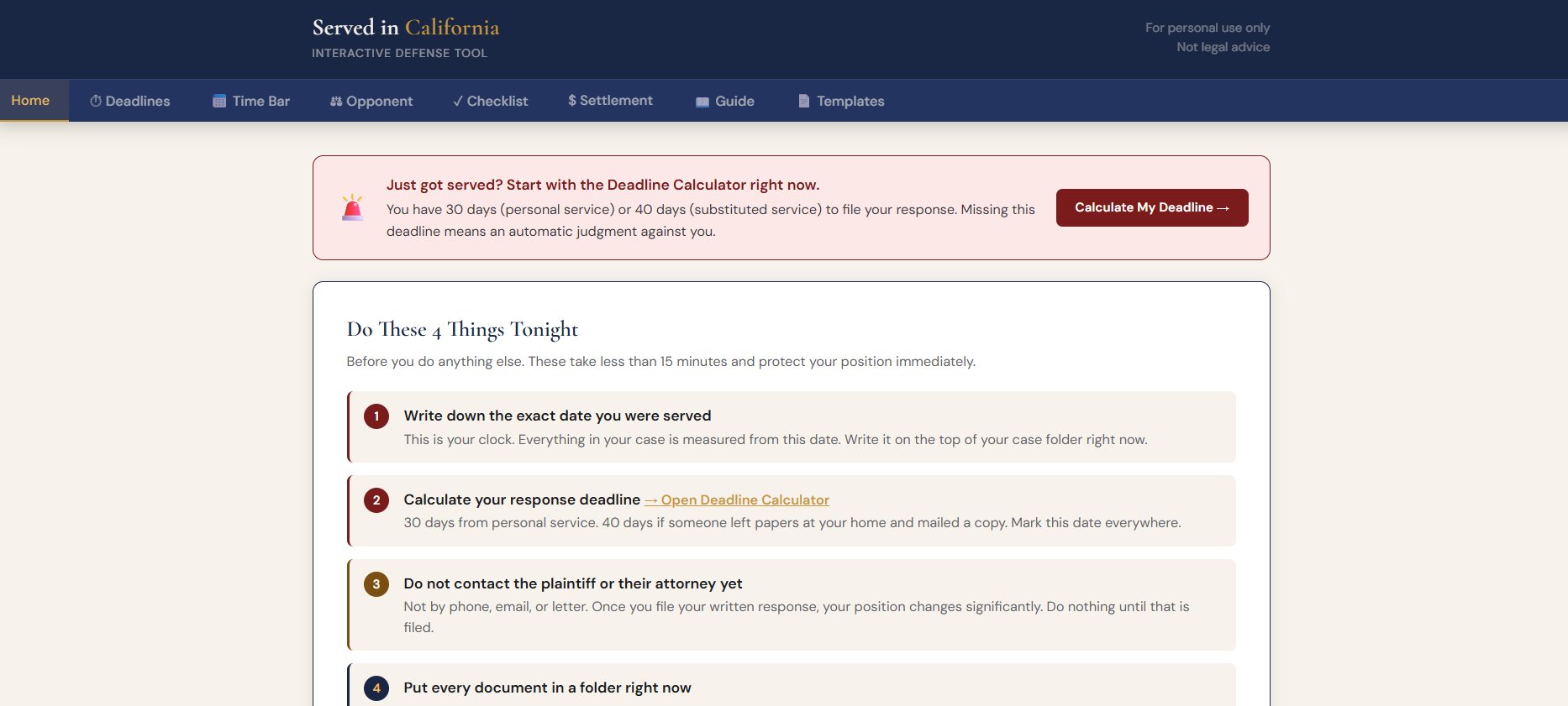 Screenshot of the Served in California Interactive Defense Tool, showing tabs for Deadlines, Time Bar, Opponent, Checklist, Settlement, Guide, and Templates.